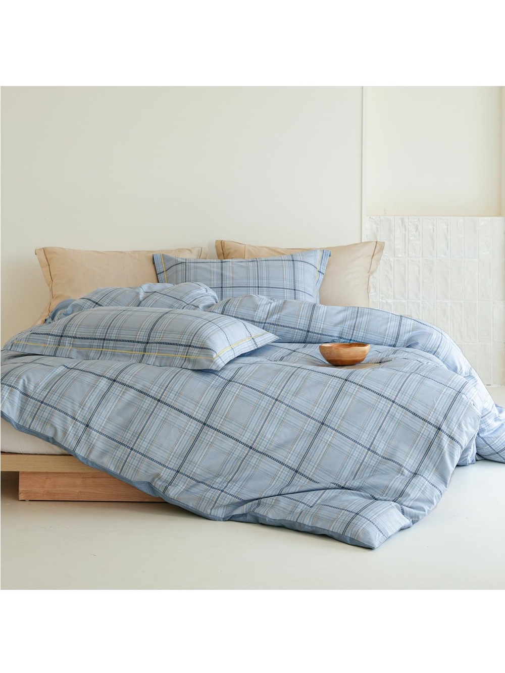 NEW Plaid Duvet Cover Set King Size, 100% Natural Cotton 3pcs Vintage Blue Plaid